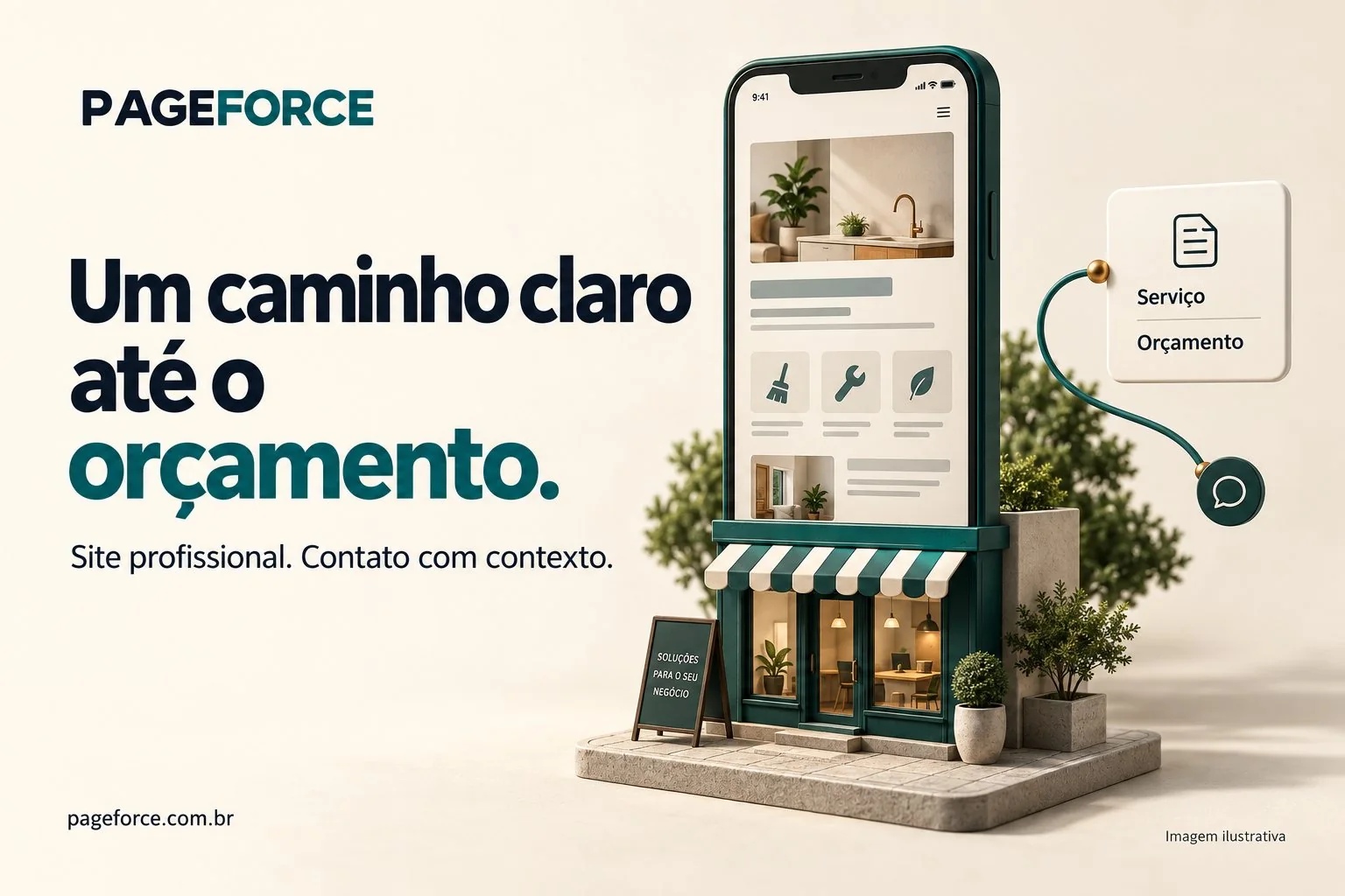 Um caminho claro até o orçamento: ilustração de um site de serviços conectado a um pedido.